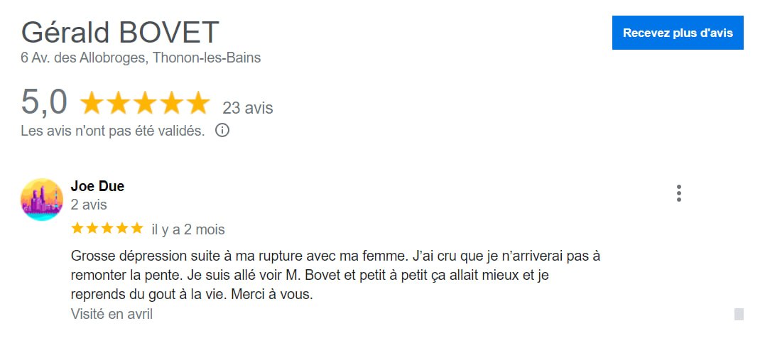 Avis Google patient 6 — Gérald Bovet psychothérapeute